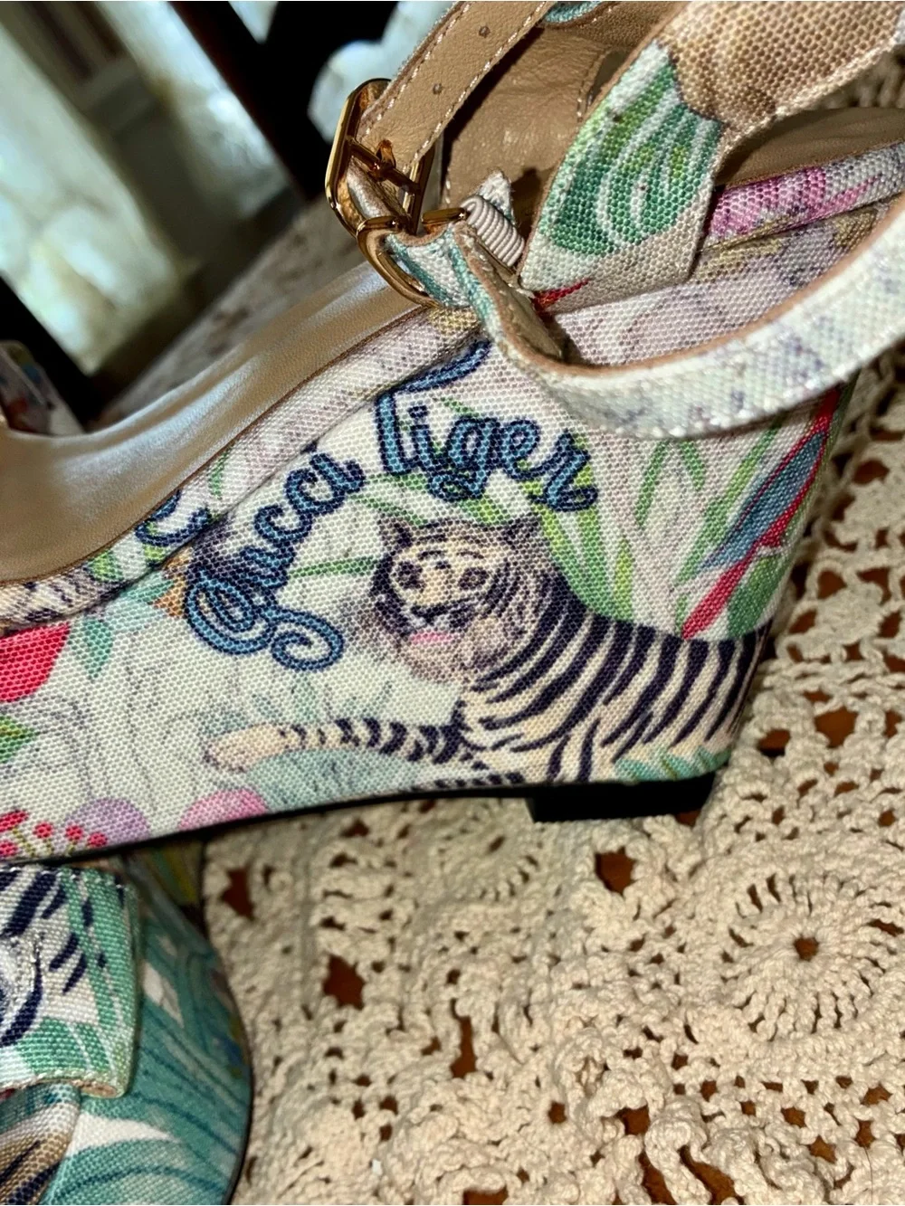 Gucci Floral Tiger Print Platform Wedges with Horsebit Detail